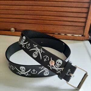 Black leather belt with skulls and anchors removable hardware for buckle